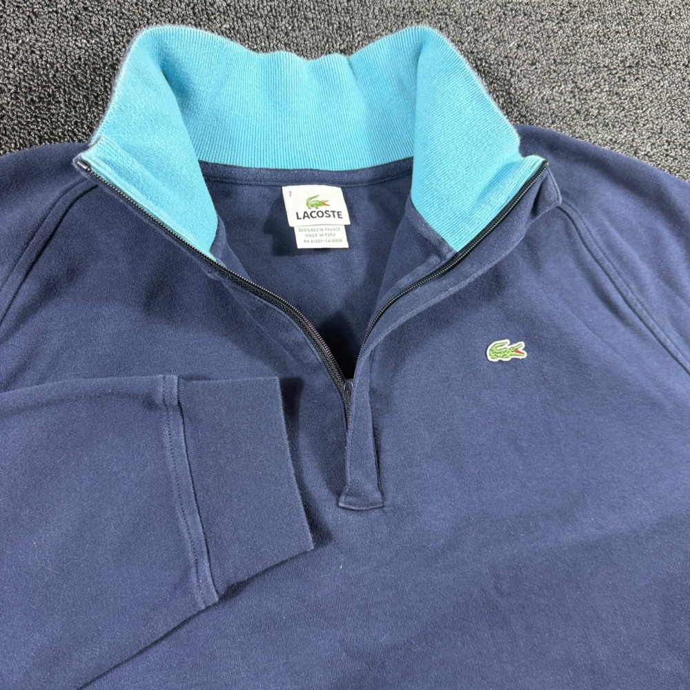 Lacoste 1/4 Zip Sweatshirt Navy Men's FR 7 (XL) Pullover Teal Contrast Collar